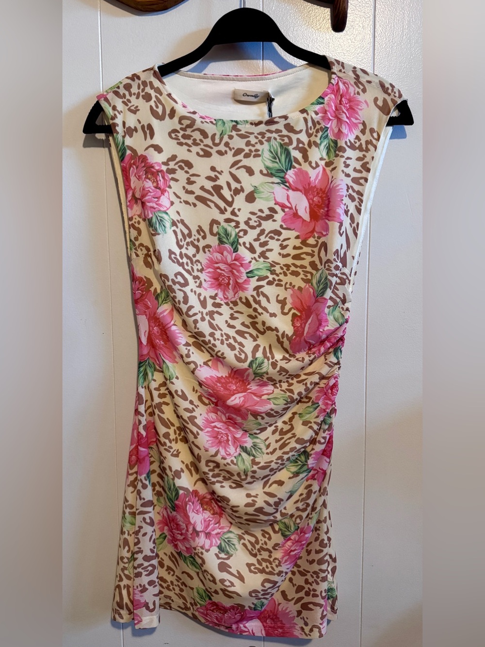 Ownley Sleeveless Pink Floral & Leopard-Print Mini Dress in Cream